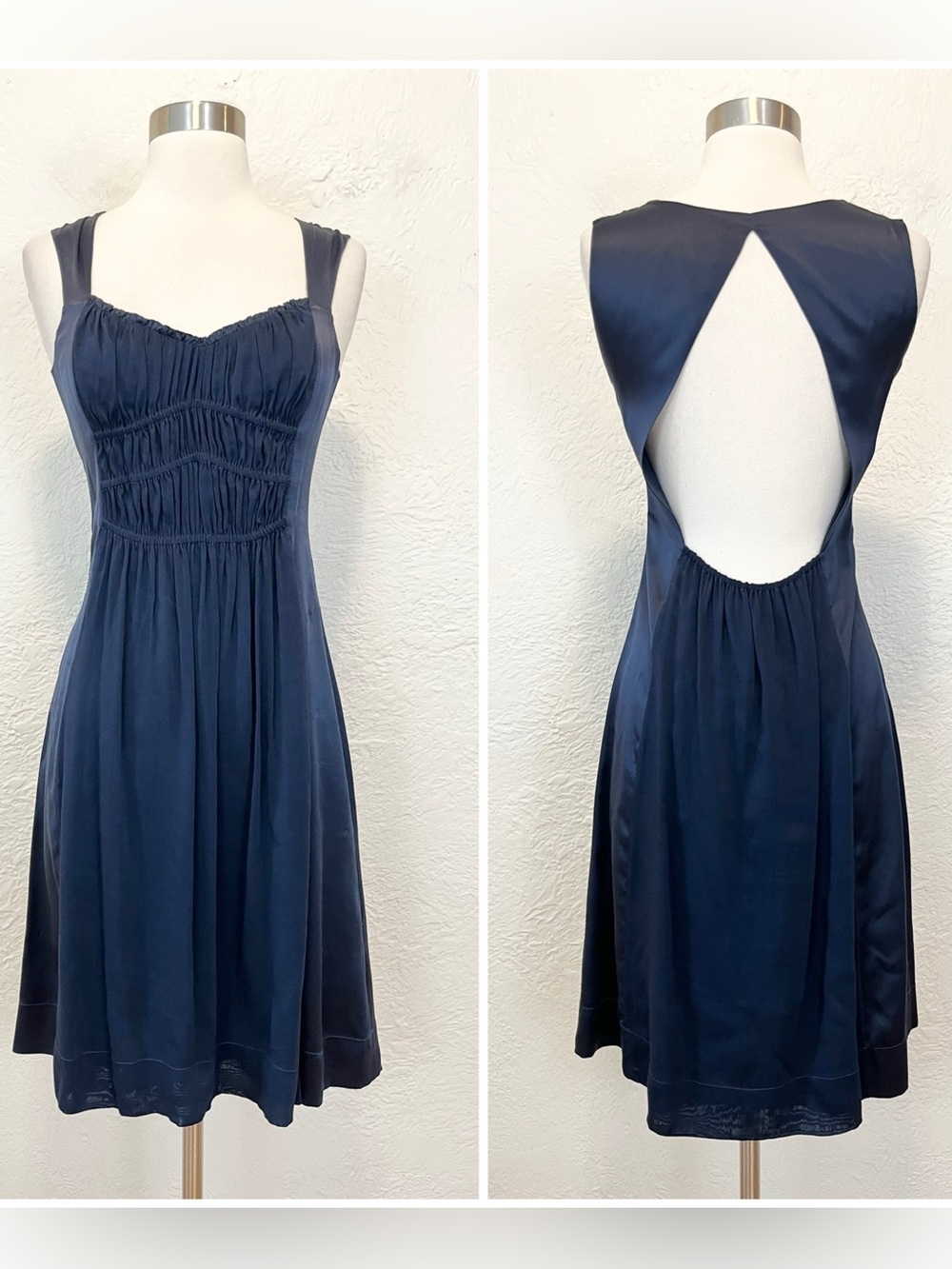 Tufi Duek Dress Silk Satin Navy Blue Ruched Open Back 36 XS